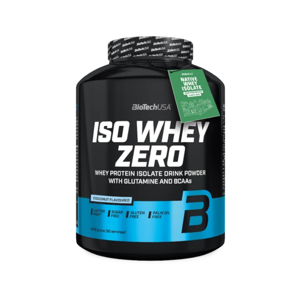 Proteína ISO WHEY ZERO de BIOTECH, polvo de proteína en envase blanco con tapa, ideal para nutrición deportiva.