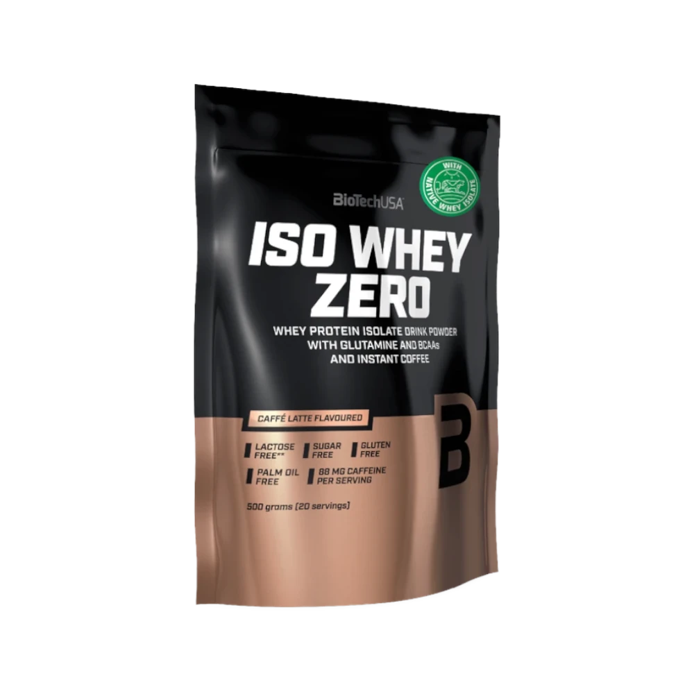 Proteína ISO WHEY ZERO de BIOTECH, vista de la bolsa con etiqueta y sello de calidad en un fondo neutro