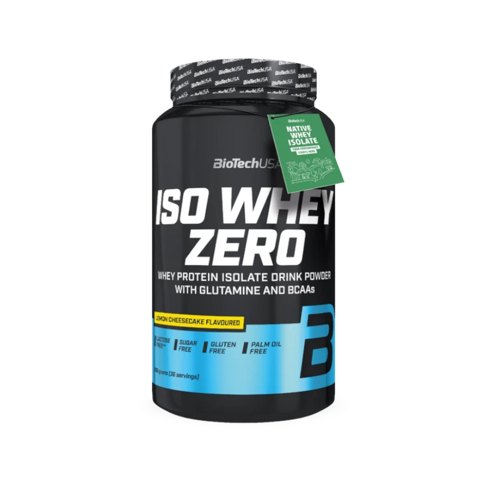 Proteína ISO WHEY ZERO de BIOTECH, polvo blanco en envase, ideal para deportistas y construcción muscular.