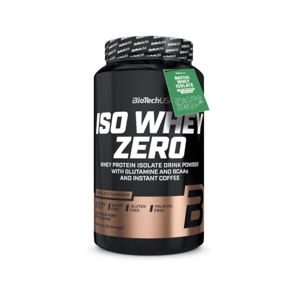 Proteína ISO WHEY ZERO de BIOTECH, polvo de proteína en envase blanco con tapa, ideal para deportistas y culturistas.