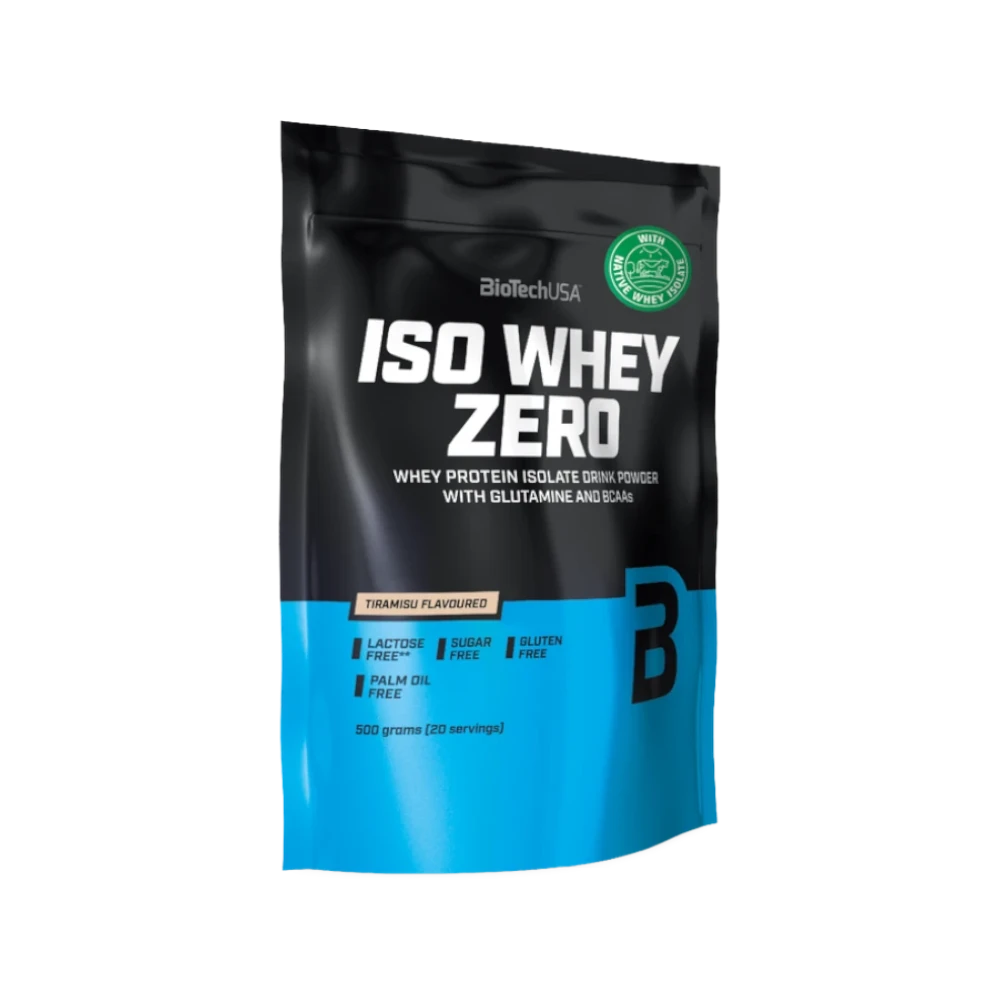 Proteína ISO WHEY ZERO de BIOTECH en envase, polvo blanco para suplementos deportivos y recuperación muscular.