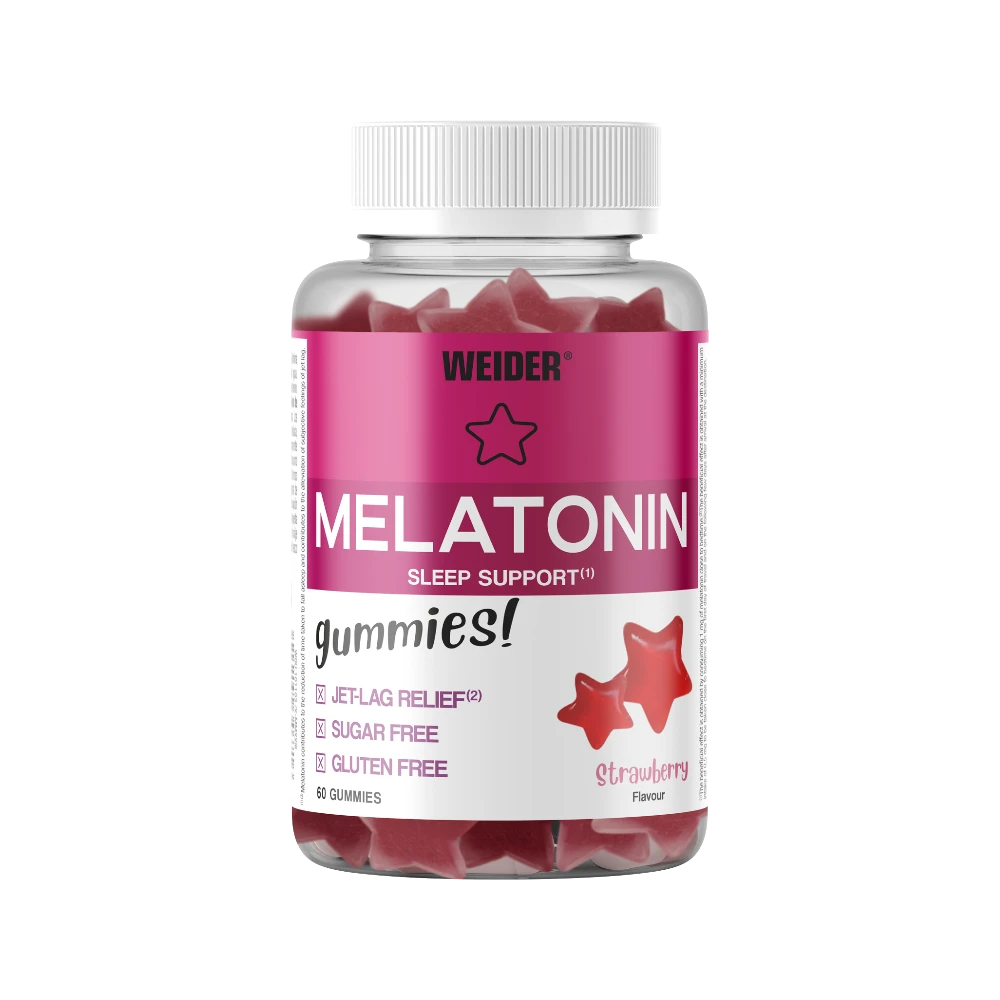 Gomitas de melatonina WEIDER para sueño y relajación, sabor fresa, paquete con 60 unidades.