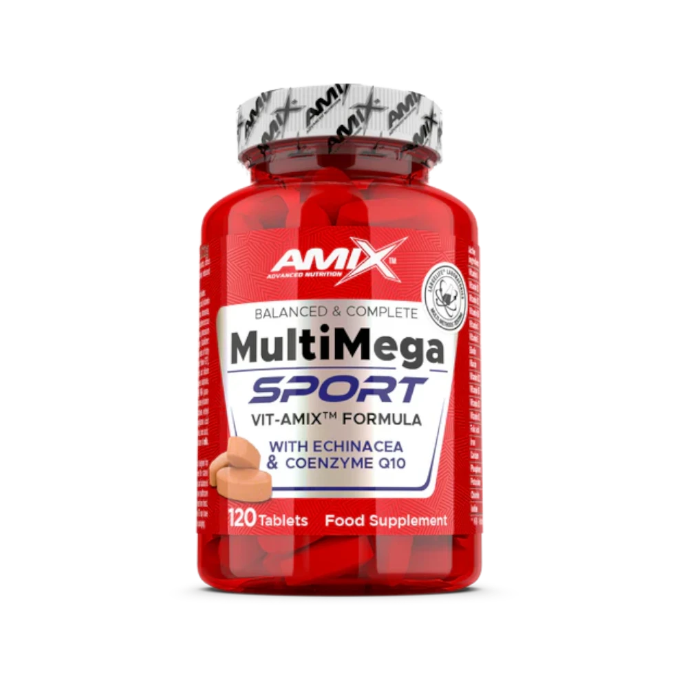 Vitaminas Multimega AMIX Megastack 120 cápsulas, suplemento de vitaminas y minerales en envase compacto.