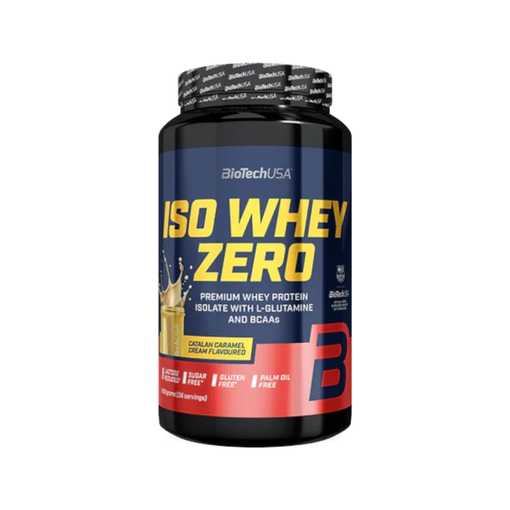 Proteína ISO WHEY ZERO de BIOTECH en envase de 908g con sabor Catalan Cream, vista en envase con etiqueta y tapa.