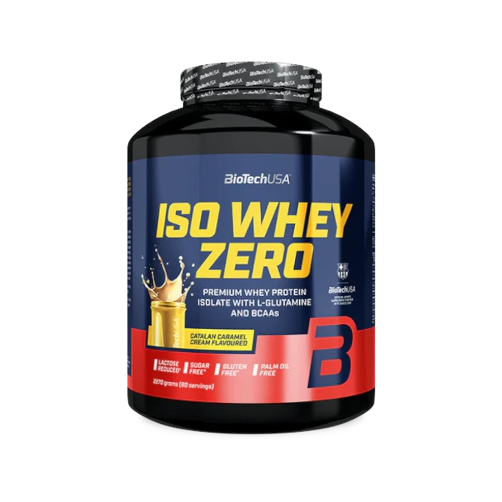 Proteína ISO WHEY ZERO de BIOTECH en sabor crema catalana en envase de 2270g, con polvo blanco y etiqueta visible.