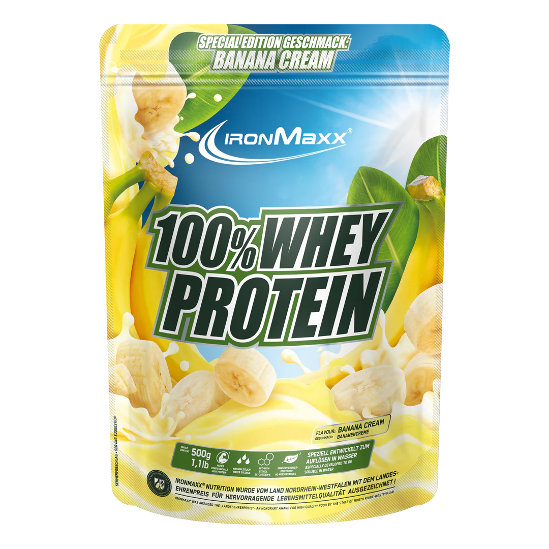 Proteína de suero IRONMAXX 100% WHEY PROTEIN sabor crema de plátano en envase de 500g.