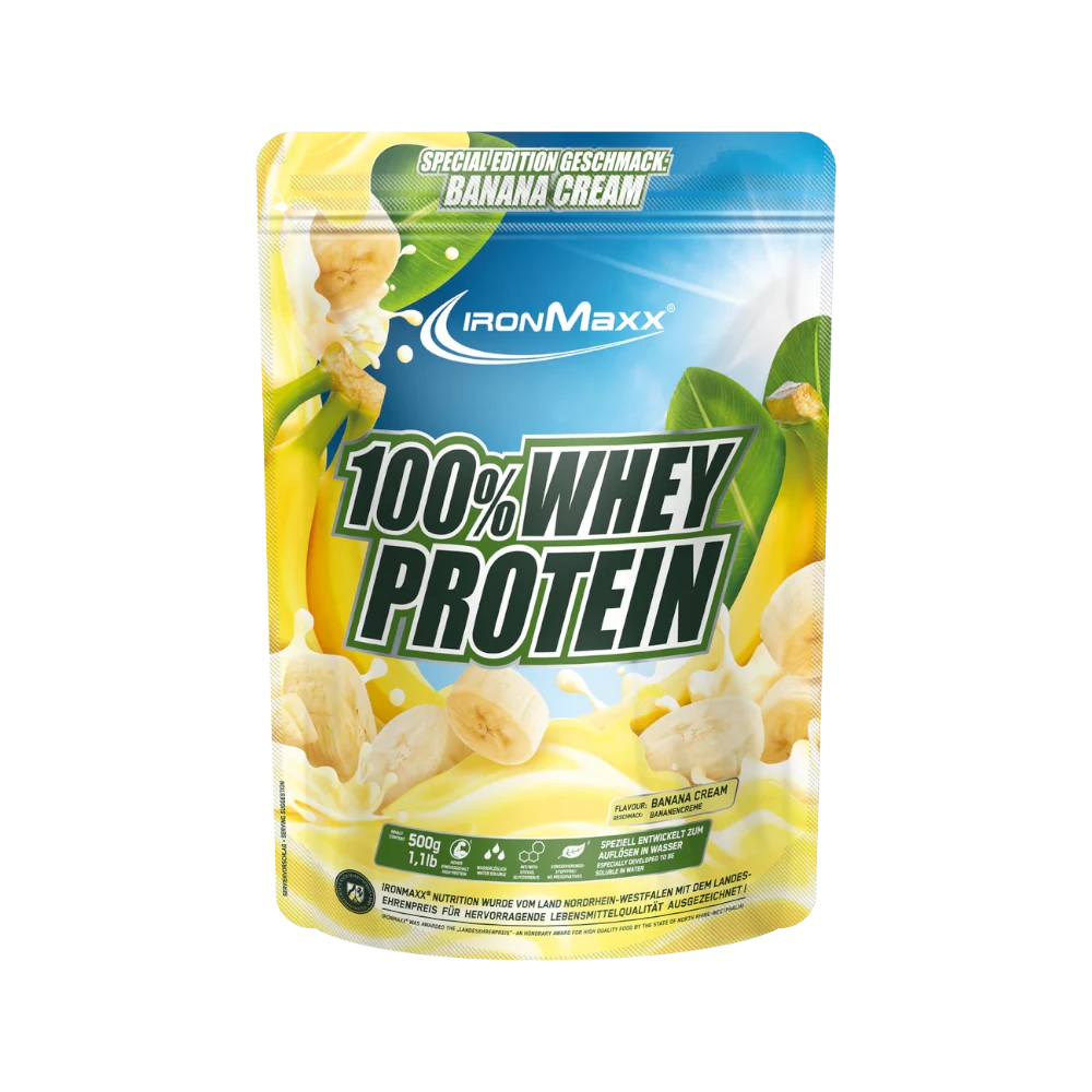 Proteína de suero IRONMAXX 100% WHEY PROTEIN sabor crema de plátano en envase de 500g.