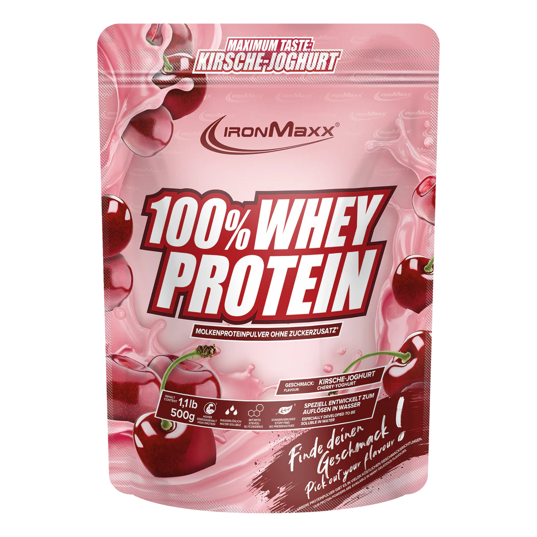 Proteína de suero 100% WHEY PROTEIN IRONMAXX en envase de 500g con sabor a yogur de cereza.