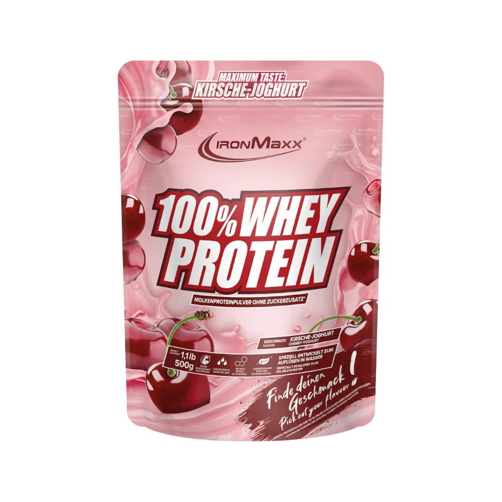Proteína de suero 100% WHEY PROTEIN IRONMAXX en envase de 500g con sabor a yogur de cereza.