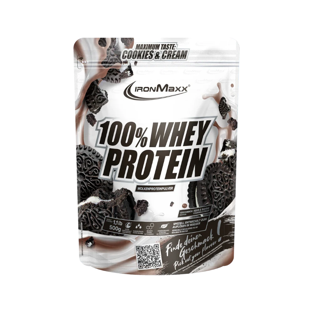 Proteína de suero IronMaxx 100% Whey Protein Cookies & Cream en envase de 500 g, con sabor cremoso y textura suave