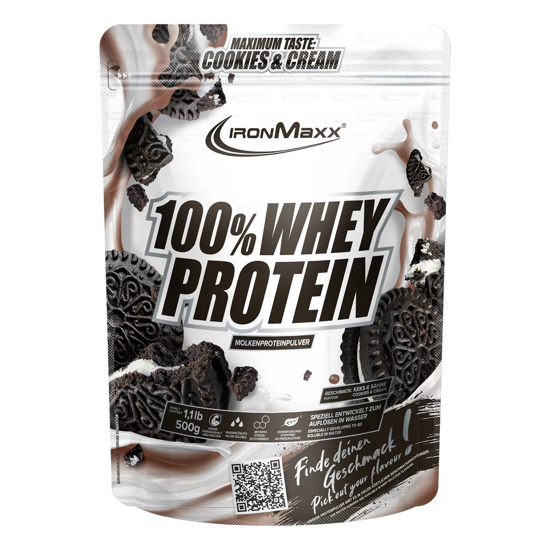 Proteína de suero IronMaxx 100% Whey Protein Cookies & Cream en envase de 500 g, con sabor cremoso y textura suave