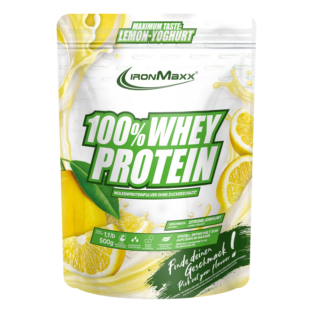 Proteína de suero IronMaxx 100% Whey Protein 500g sabor limón y yogur, polvo para complementar entrenamientos y nutrición deportiva.