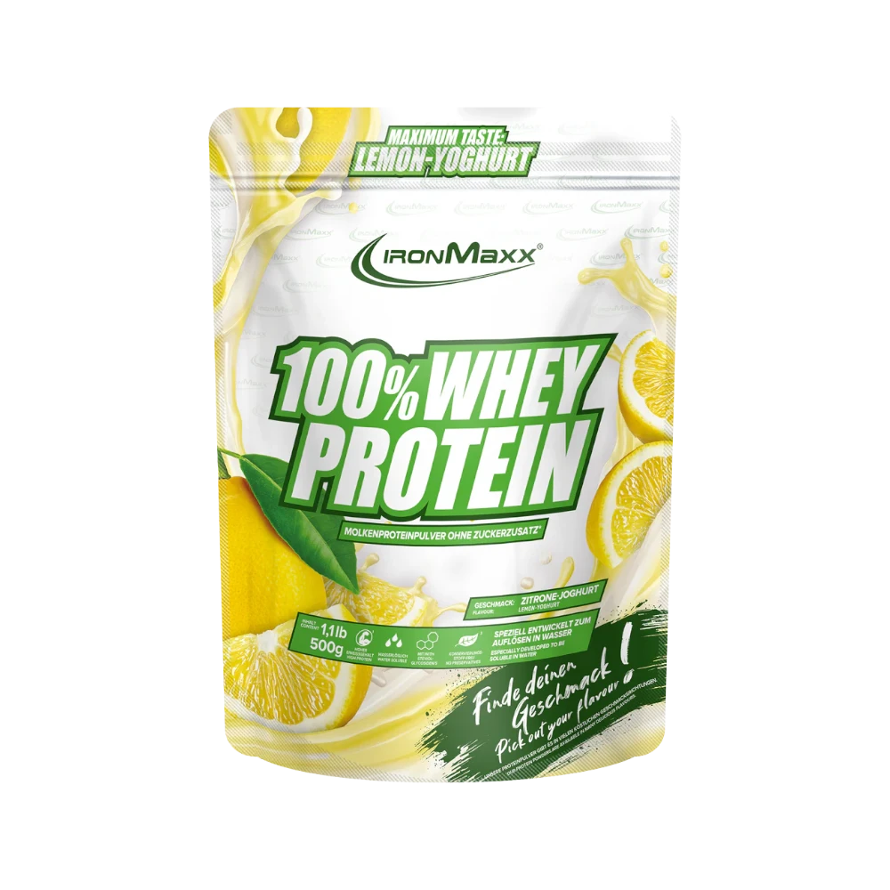 Proteína de suero IronMaxx 100% Whey Protein 500g sabor limón y yogur, polvo para complementar entrenamientos y nutrición deportiva.
