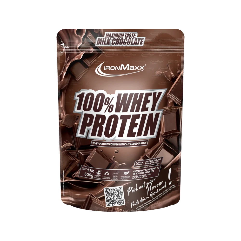 Proteína de suero IronMaxx 100% WHEY PROTEIN en envase de 500g sabor chocolate con leche.