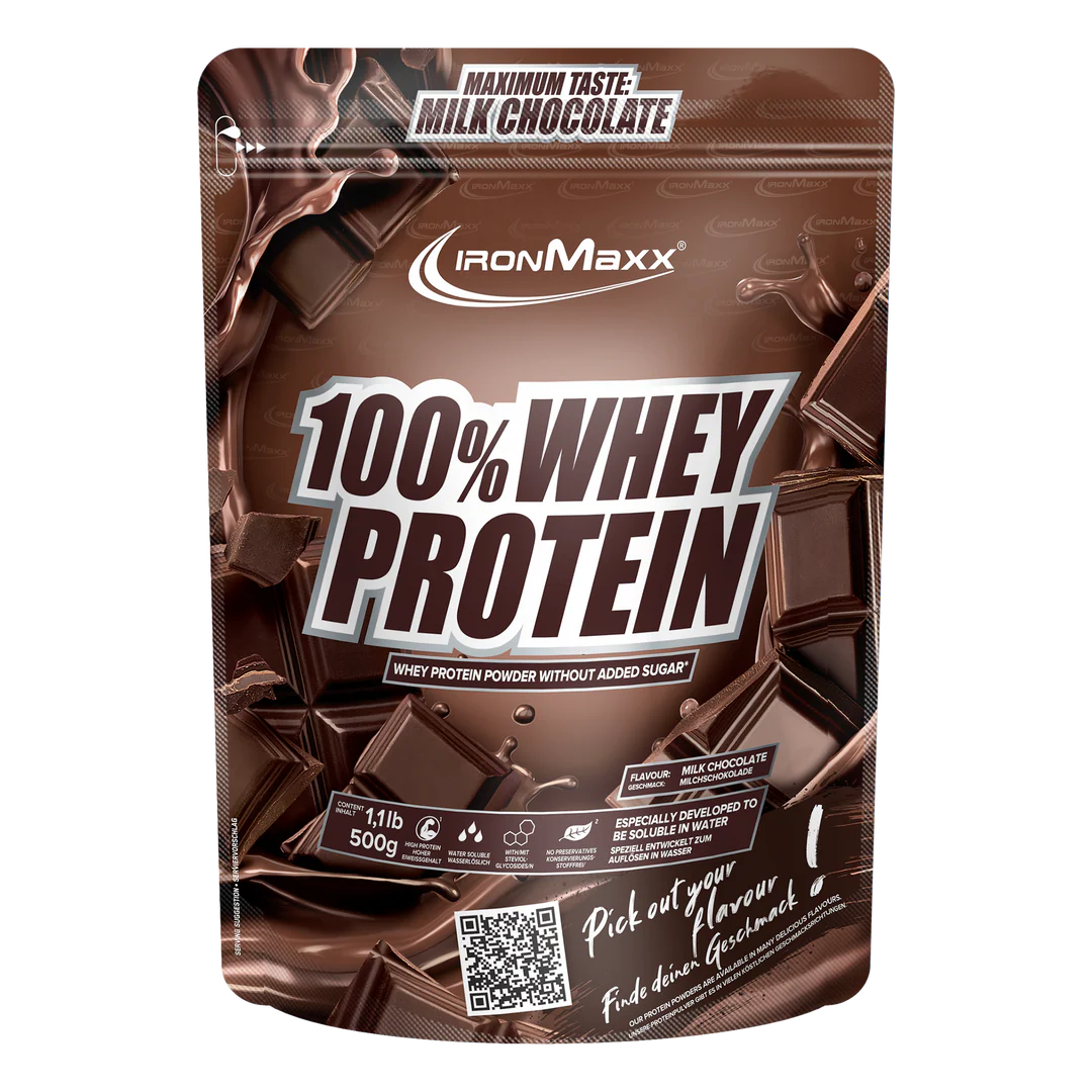 Proteína de suero IronMaxx 100% WHEY PROTEIN en envase de 500g sabor chocolate con leche.