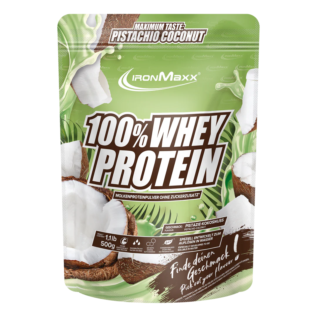 Proteína de suero 100% Whey Protein IronMaxx en sabor pistacho y coco, envase de 500g con polvo en la imagen.