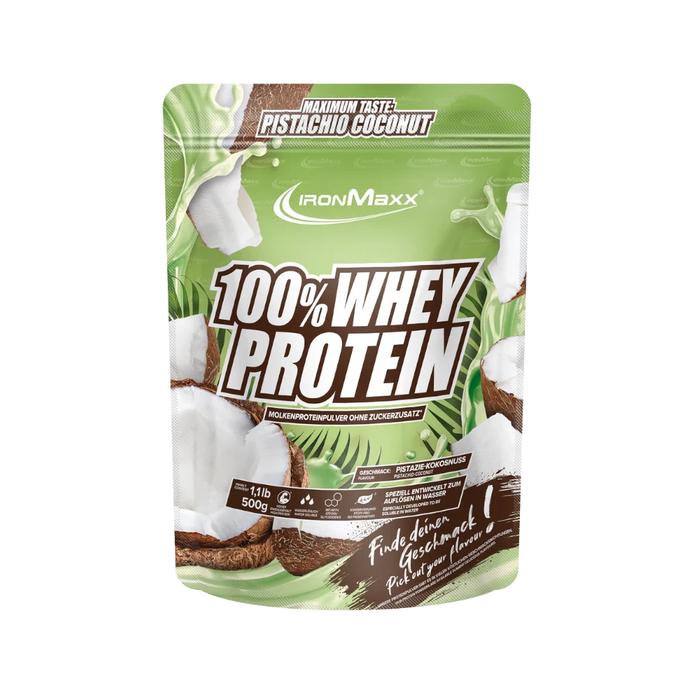 Proteína de suero 100% Whey Protein IronMaxx en sabor pistacho y coco, envase de 500g con polvo en la imagen.