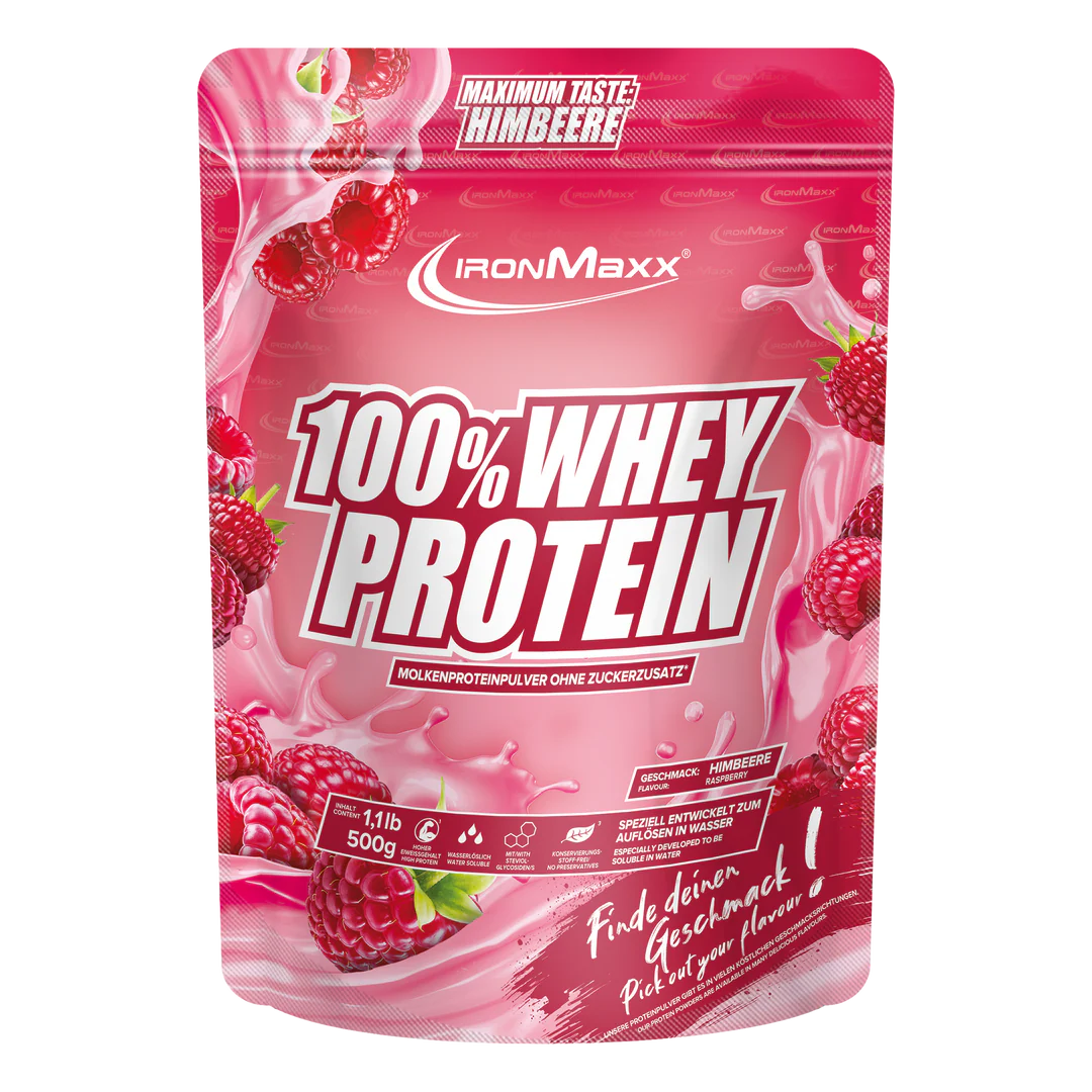 Proteína de suero 100% Whey Protein IronMaxx en envase de 500g con sabor a frambuesa, ideal para recuperación muscular y fitness.