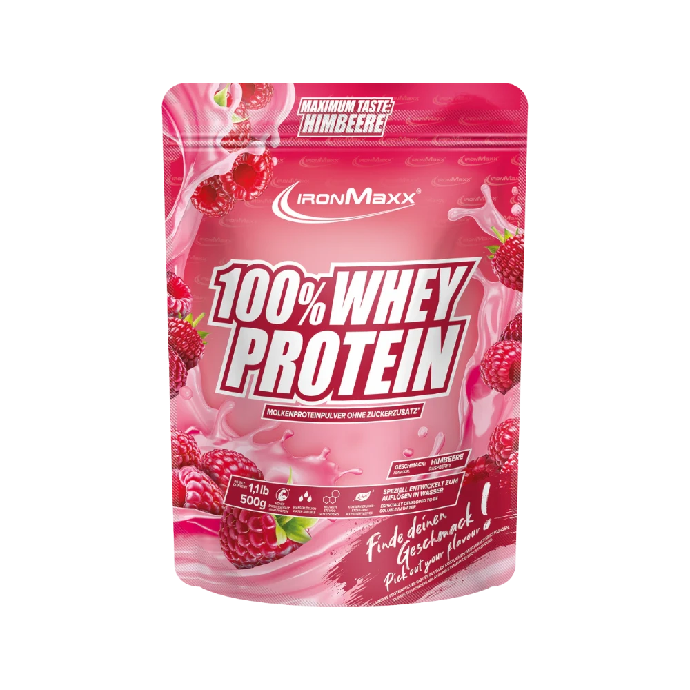 Proteína de suero 100% Whey Protein IronMaxx en envase de 500g con sabor a frambuesa, ideal para recuperación muscular y fitness.