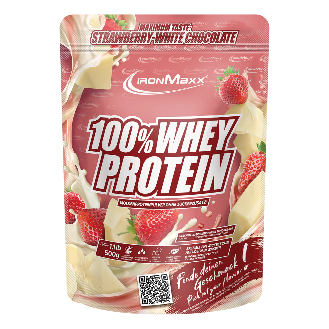 Proteína de suero 100% Whey de IRONMAXX con sabor a fresa y chocolate blanco en envase de 500g.