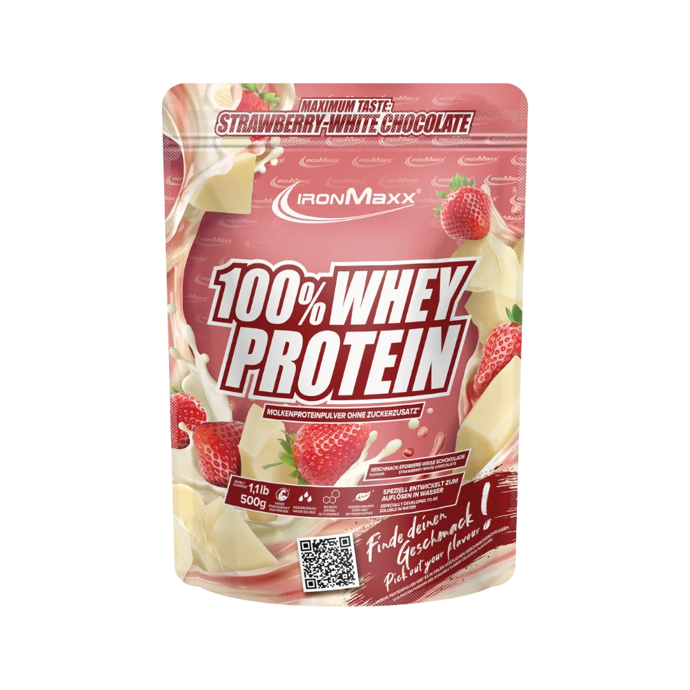 Proteína de suero 100% Whey de IRONMAXX con sabor a fresa y chocolate blanco en envase de 500g.