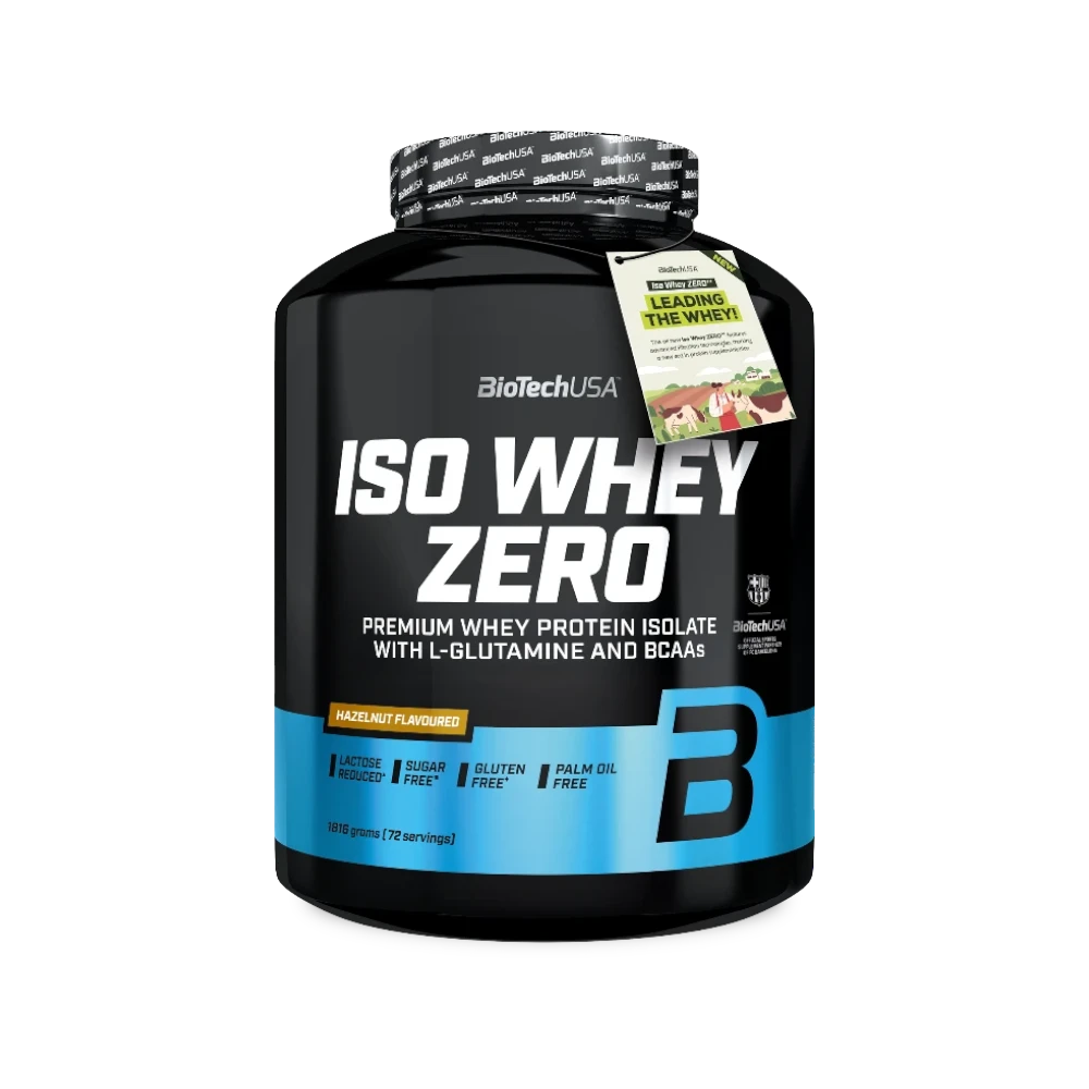 Proteína ISO WHEY ZERO de BIOTECH en sabor avellana, envase de 1816 g, con polvo de proteína en un frasco.