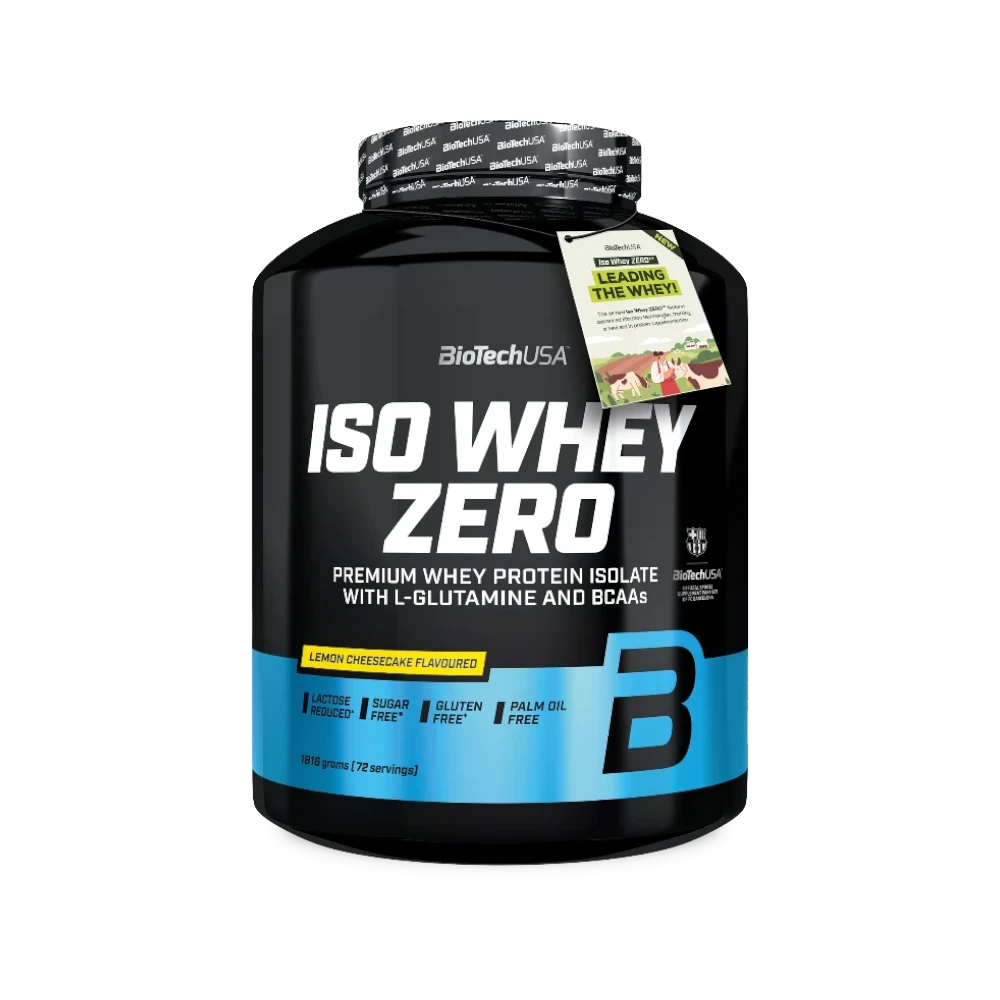 Proteína ISO WHEY ZERO de BIOTECH sabor tarta de queso y limón, envase de 1816 g con polvo en sabor cremoso y nutritivo.
