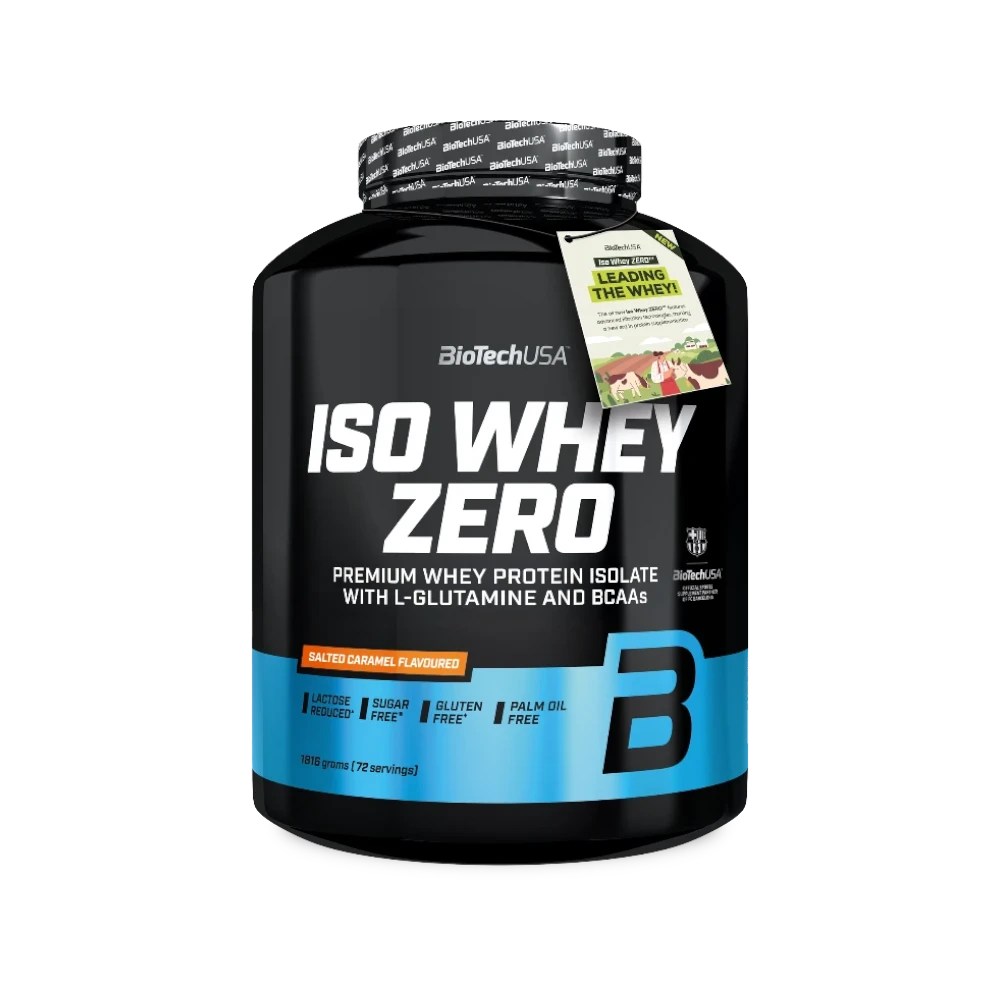 Proteína ISO WHEY ZERO de BIOTECH con sabor a caramelo salado en envase de 1816 g, visible en la imagen.