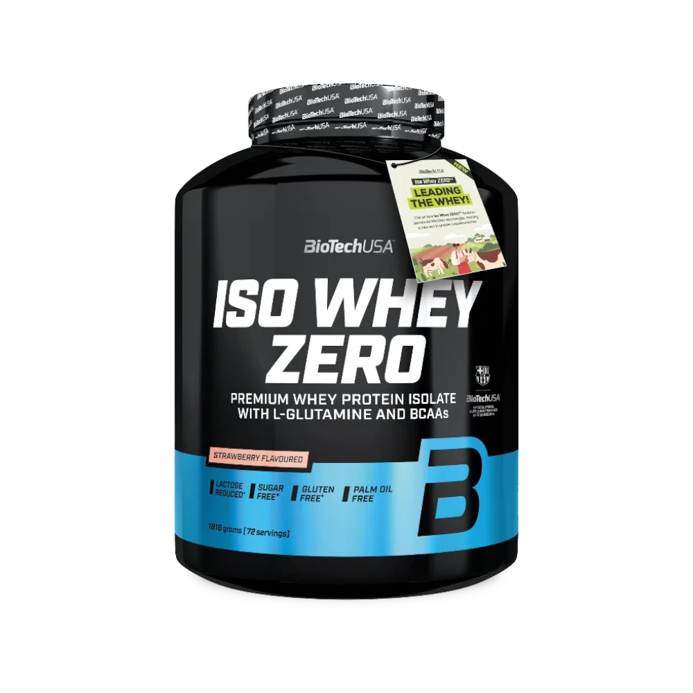 Proteína ISO WHEY ZERO de BIOTECH con sabor a fresa, envase de 1816 g, polvo de proteína para deportistas.