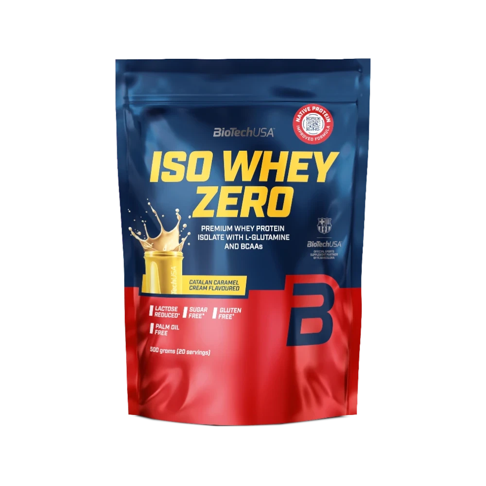 Proteína ISO WHEY ZERO de BIOTECH en envase de 500g con sabor Catalancream, vista frontal, envase blanco con etiqueta.