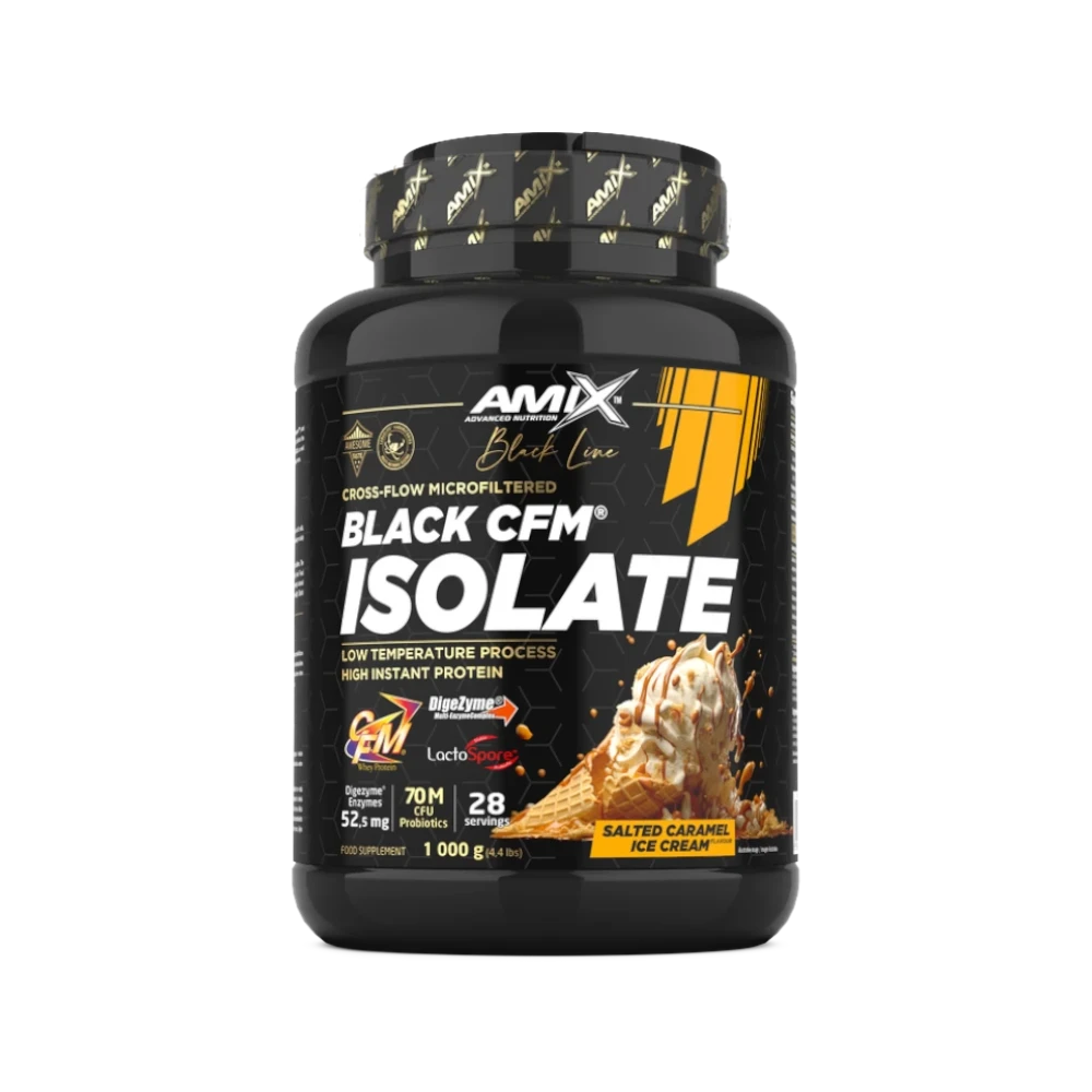 Proteína Black CFM Isolate + SHAKER GRATIS - BODYMANIA AMIX BLACK LINE Caramelo salado / 1000 g