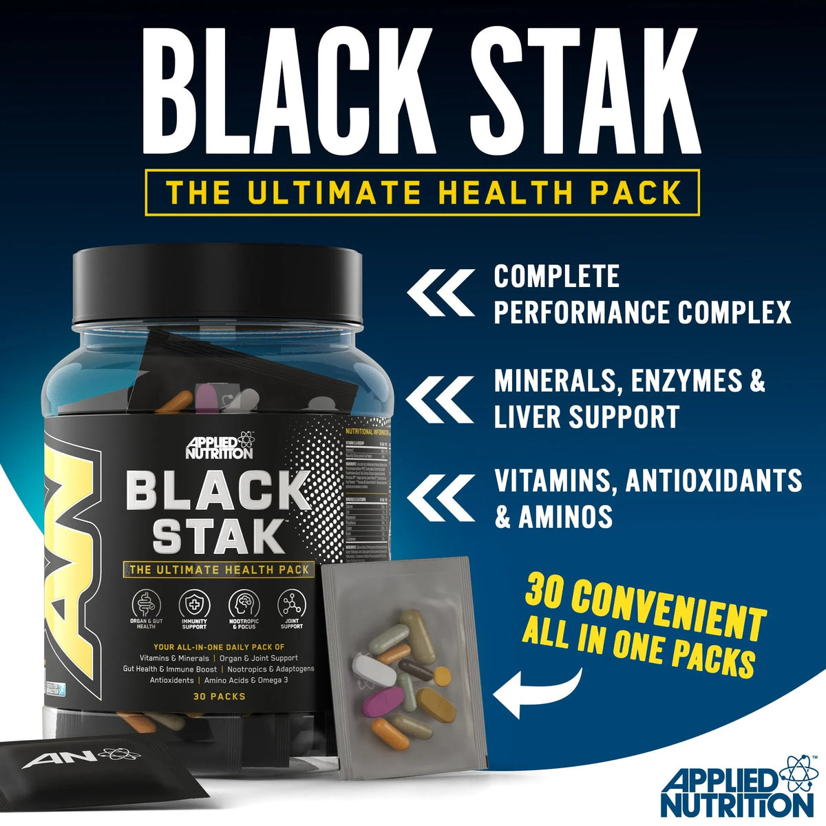 Black Stak Multivitamin Applied Nutrition bote y sobre diario con cápsulas y comprimidos