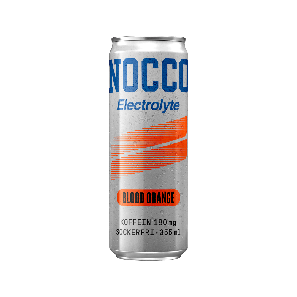 Lata de bebida energética NOCCO Electrolyte sabor Blood Orange de BODYMANIA, sin azúcar y con cafeína.