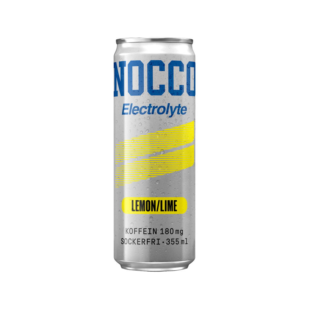Lata de bebida energética NOCCO Electrolyte sabor Lemon de BODYMANIA, sin azúcar, con cafeína y electrolitos.