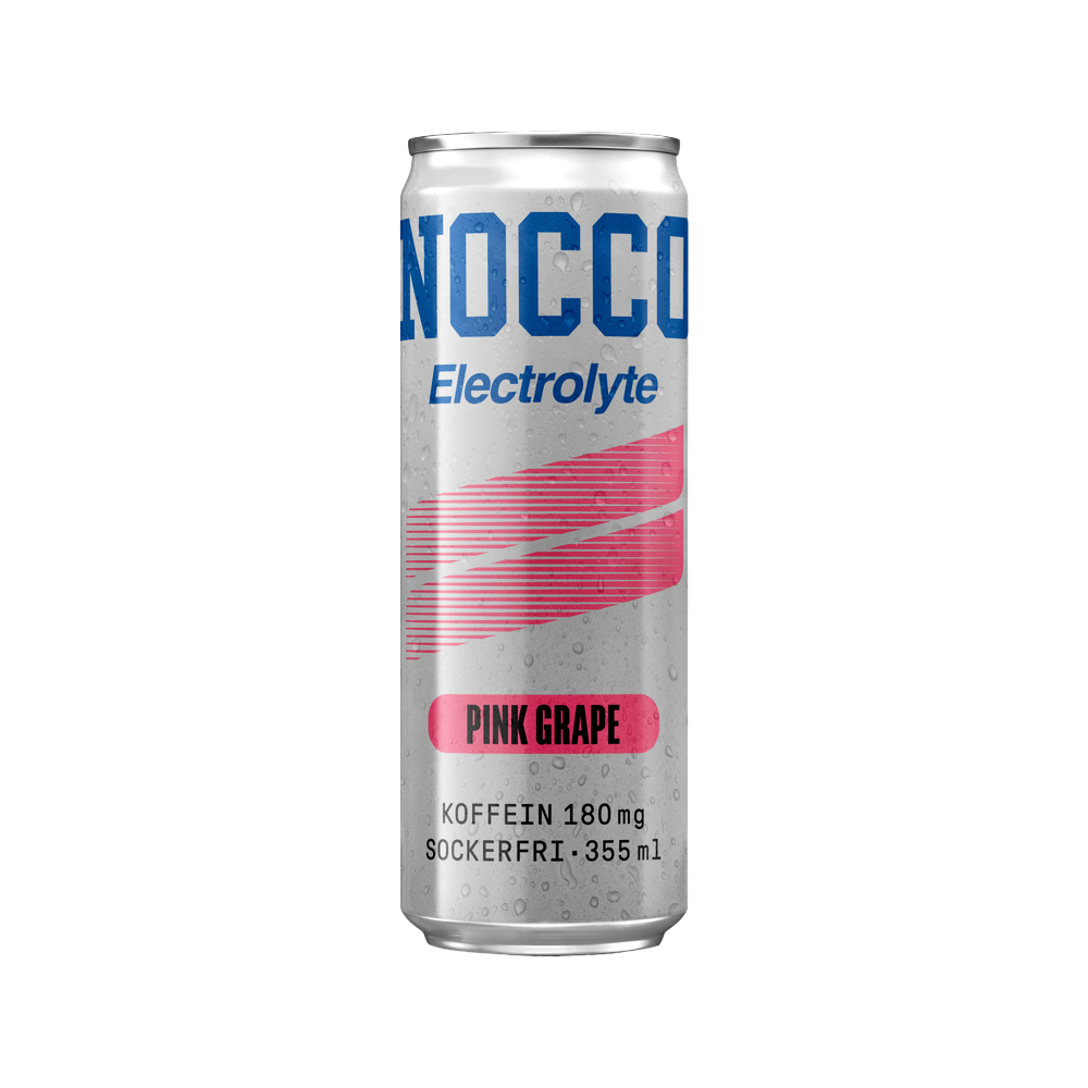 Lata de bebida energética NOCCO Electrolyte sabor Pink Grape de BODYMANIA, sin azúcar, con cafeína y electrolitos.