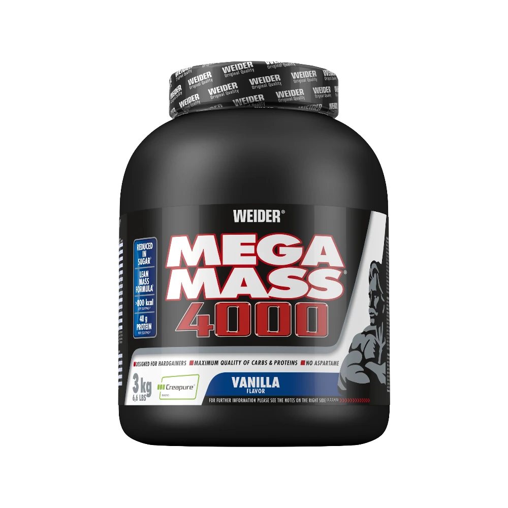 Suplemento de carbohidratos MEGA MASS 4000 de WEIDER en envase de 3kg sabor vainilla, con polvo de alta calidad para ganar peso
