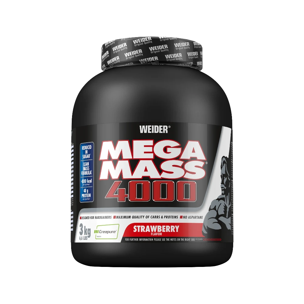 Suplemento de carbohidratos MEGA MASS 4000 de WEIDER en sabor fresa, envase de 3 kg para ganar masa muscular.
