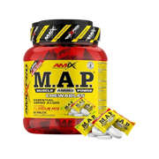 Bote de aminoácidos masticables AMIX PRO M.A.P. Chewables de BODYMANIA con comprimidos blancos y envoltorios amarillos