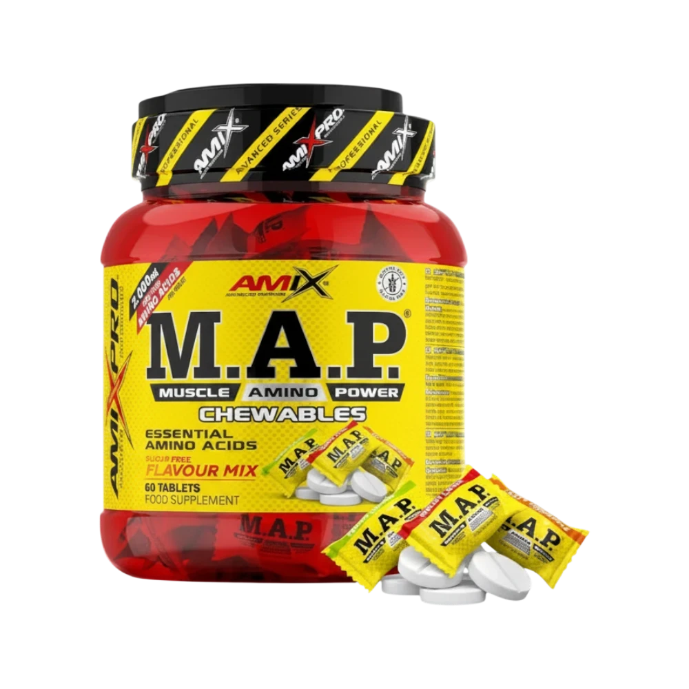Bote de aminoácidos masticables AMIX PRO M.A.P. Chewables de BODYMANIA con comprimidos blancos y envoltorios amarillos
