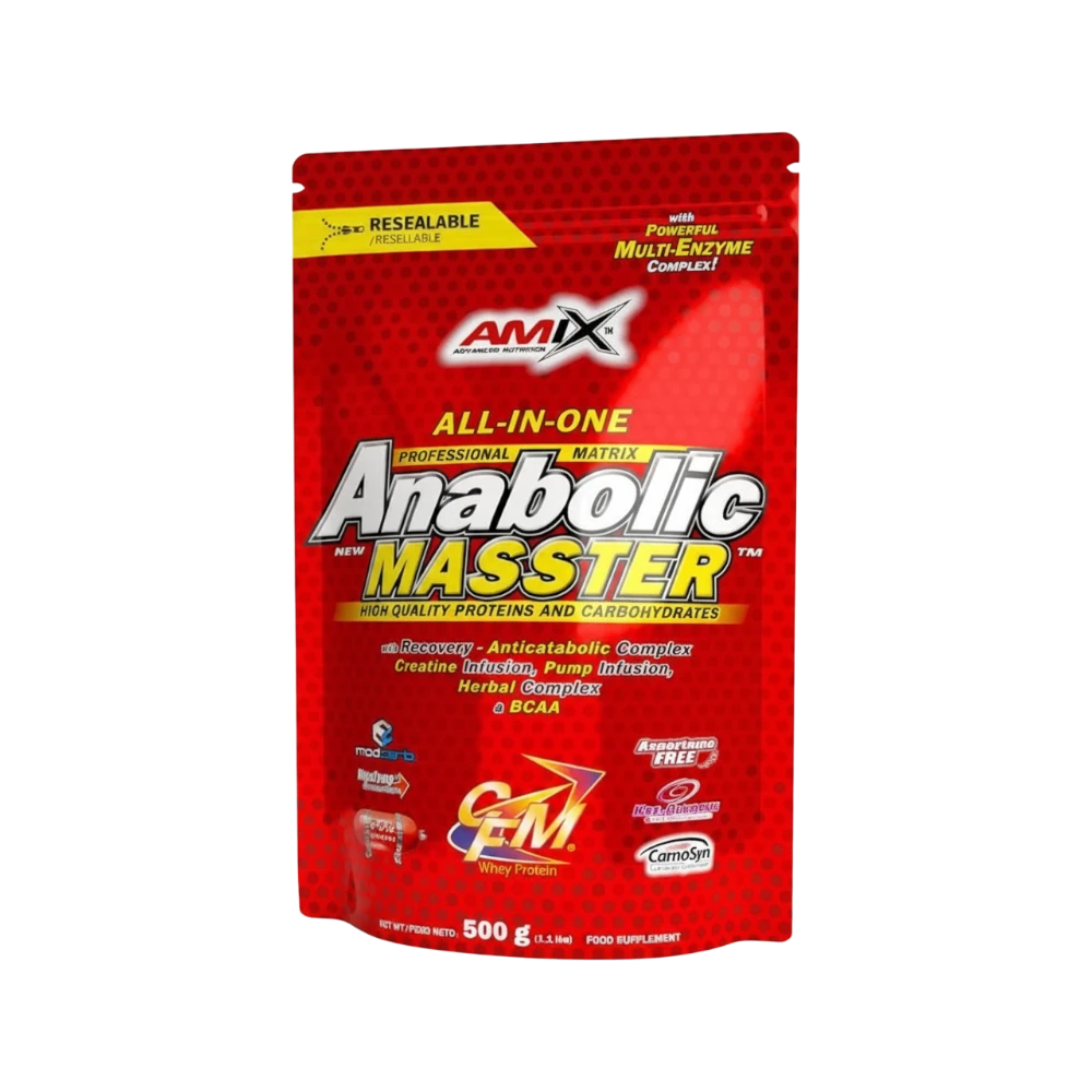 Envase de suplemento deportivo Anabolic Masster de Amix en BODYMANIA, fórmula todo en uno con proteínas y creatina.