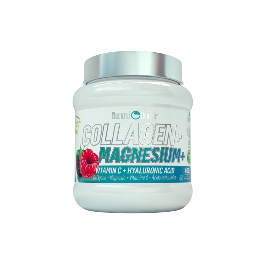 Bote de suplemento BODYMANIA Collageno + Magnesio con vitamina C y ácido hialurónico en polvo de 400 g sabor frambuesa