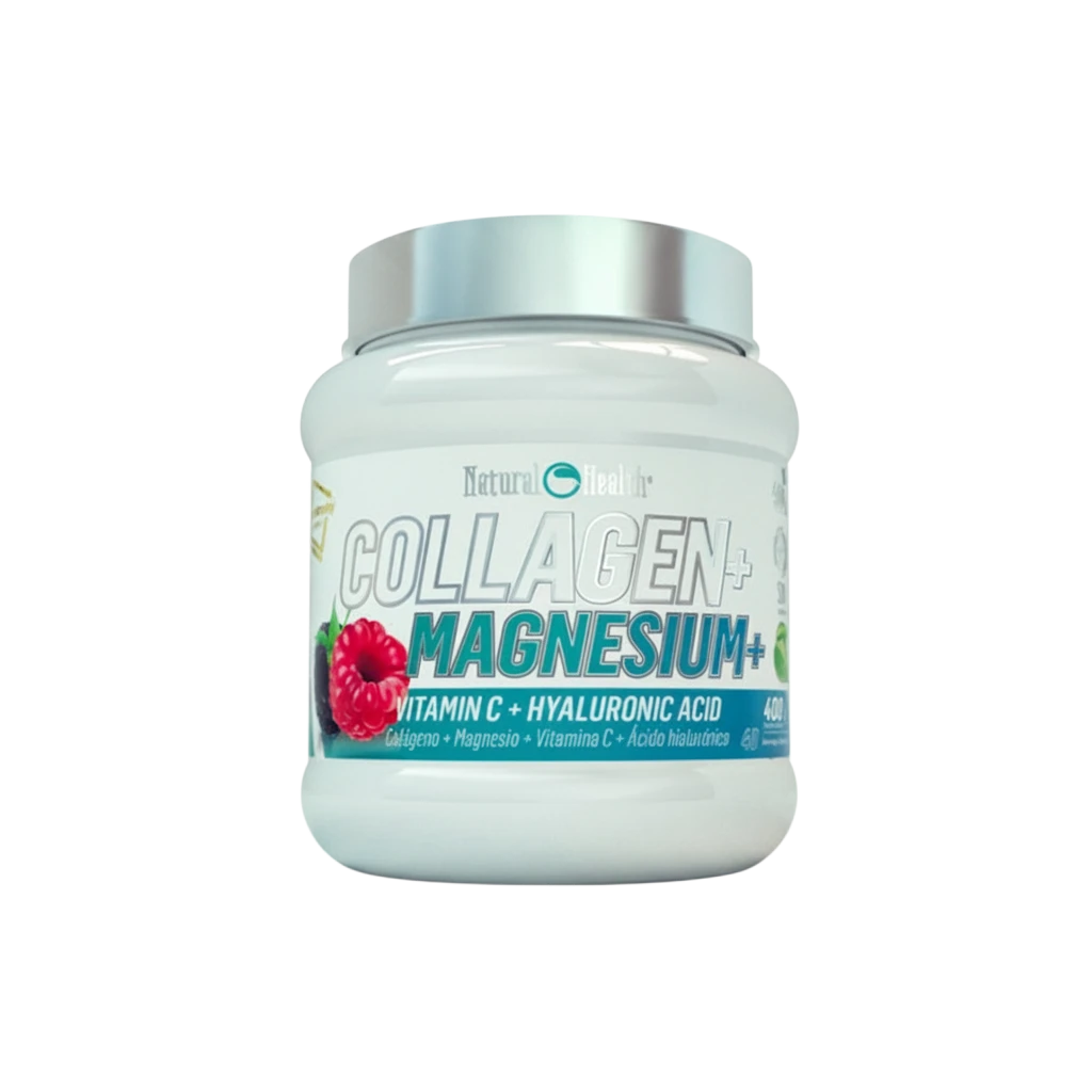 Bote de suplemento BODYMANIA Collageno + Magnesio con vitamina C y ácido hialurónico en formato polvo de 400 g