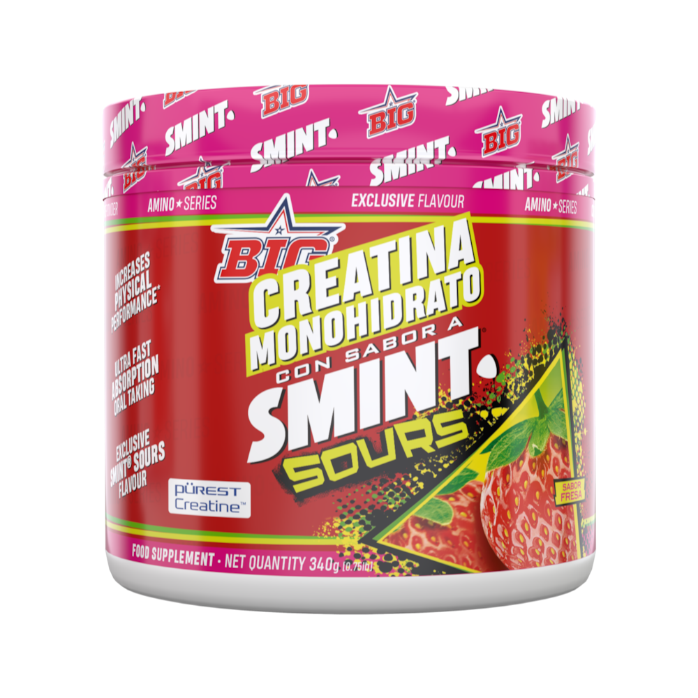 Bote de suplemento BODYMANIA Creabig Pürest Creatine sabor fresa Smint Sours en envase rojo y rosa de 340g