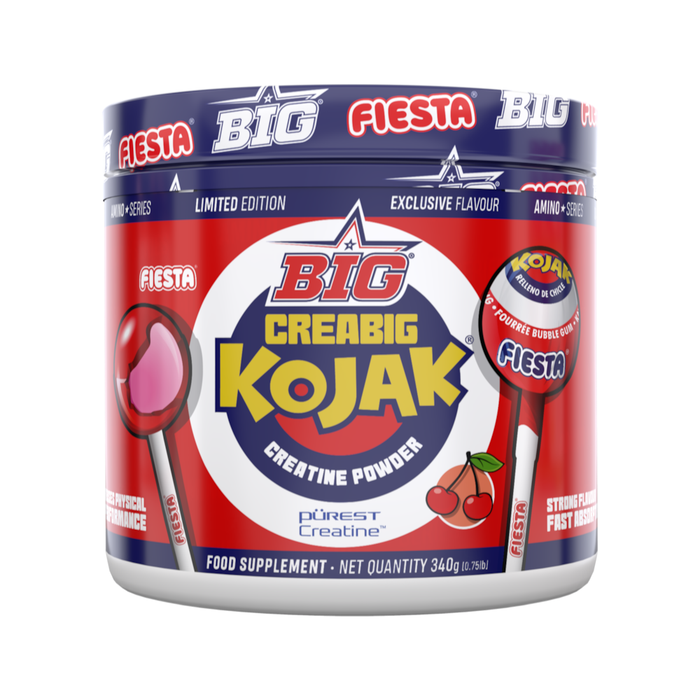 Bote de suplemento BODYMANIA Creabig Pürest Creatine sabor Kojak con diseño rojo y blanco de edición limitada