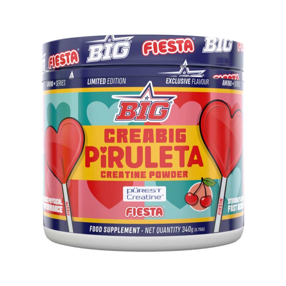 Bote de suplemento BODYMANIA Creabig Pürest Creatine sabor piruleta con diseño colorido de corazones y cerezas