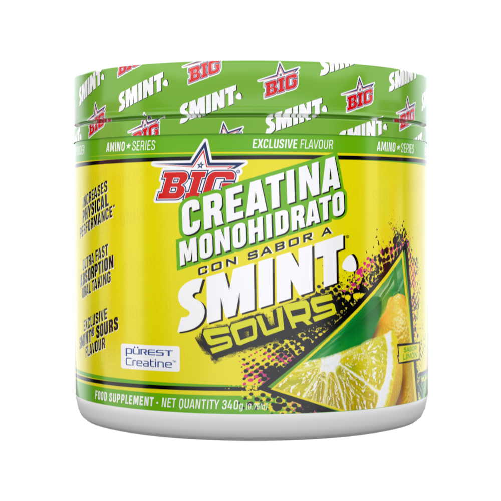Bote de suplemento BODYMANIA Creabig Pürest Creatine sabor Smint Sours con diseño amarillo y verde brillante