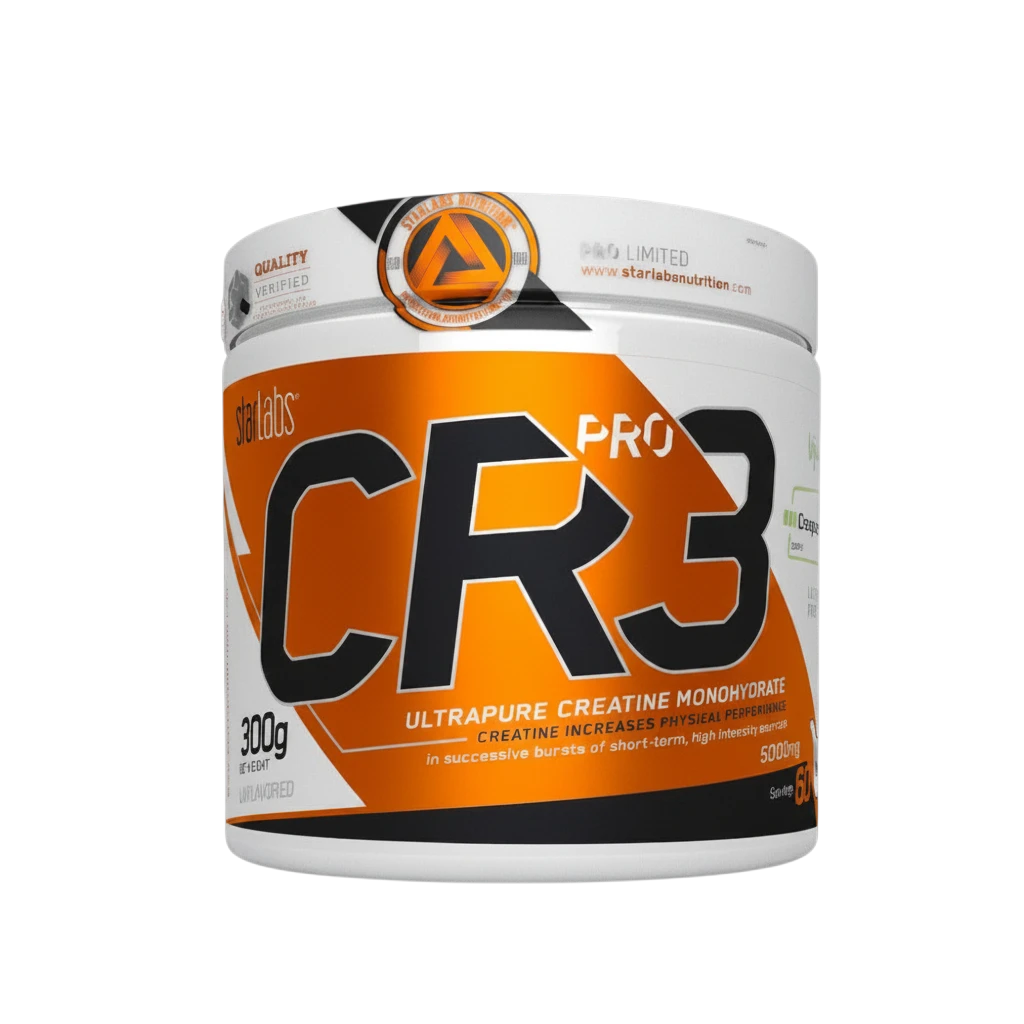 Bote de creatina monohidrato Starlabs Nutrition CR3 Pro Creapure 300g en BODYMANIA, suplemento deportivo sin sabor.