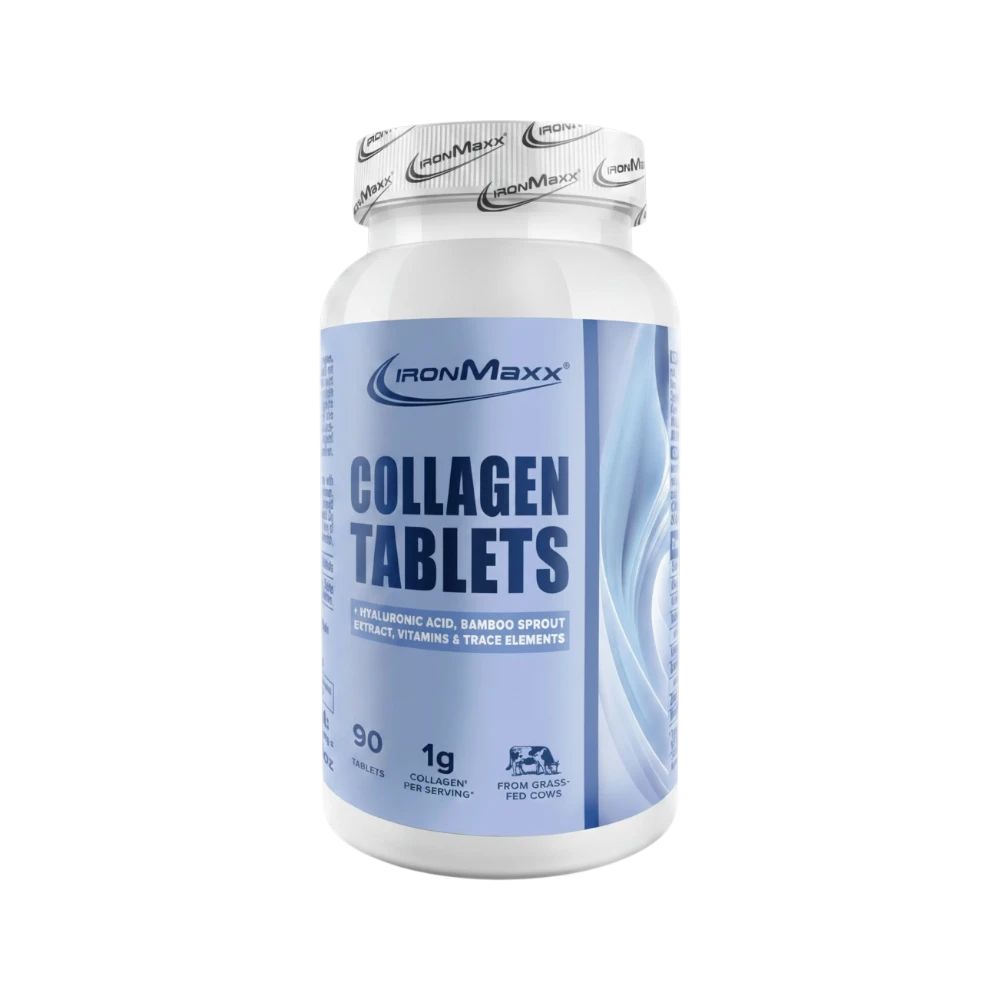 Bote de suplemento Collagen Plus de IronMaxx con 90 tabletas de colágeno hidrolizado y ácido hialurónico de Bodymania