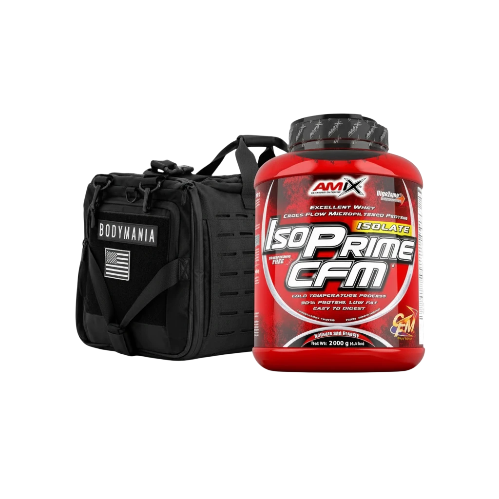 Pack BODYMANIA con bote rojo de proteína IsoPrime CFM y bolsa de gimnasio táctica negra de 70 litros