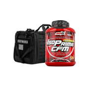 Pack BODYMANIA con bote rojo de proteína IsoPrime CFM y bolsa de gimnasio táctica negra de 70 litros